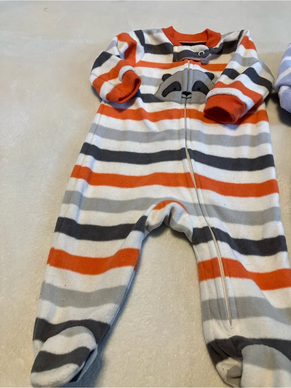 Striped Footed Baby One-Piece with Fox and Raccoon- Blue & Orange